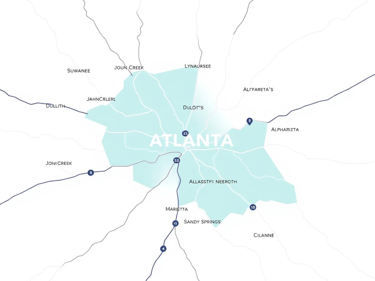 Illustrated map of the Atlanta metropolitan area showing the communities A & A Plumbing serves